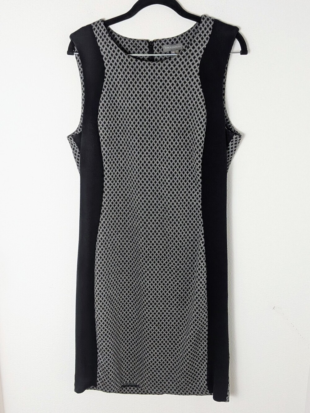 Vince Camuto Sheath Dress Womens 14 Gray/Black Two Tone Argyle Print Sleeveless